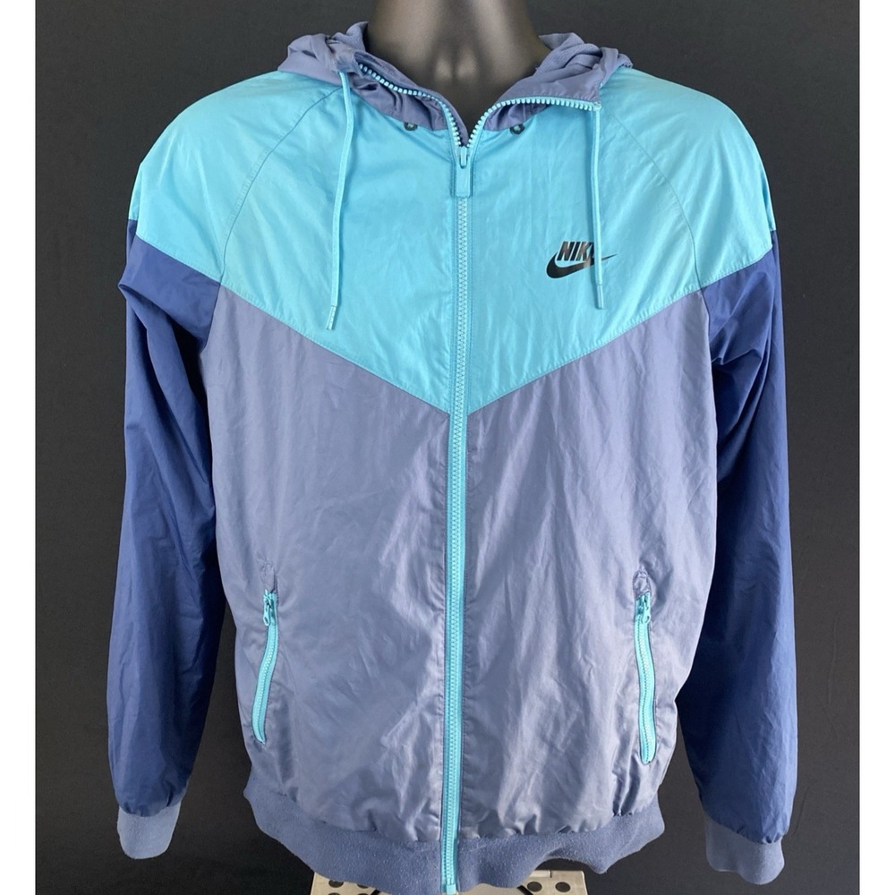 VTG Nike Windbreaker Jacket w/Hood  Mens Small Navy Teal & Gray Vented Red‎ Tag